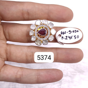 แหวนพลอยทับทิมสไตล์วินเทจและแหวนเพชร Polki 925อัญมณีแฮนด์เมดสีเงินสเตอร์ลิงขายส่ง - Product Image 1