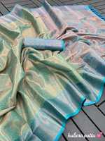 Sari en soie cuivrée et dorée, bordure contrastante bicolore, broderie riche, chemisier en brocart, sari traditionnel pour occasions spéciales, haute qualité, entièrement fait main