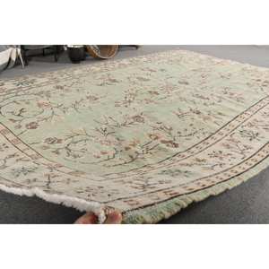 Alfombra turca Vintage de 6,4x9,2 pies, patrón de retales de lana de tejido plano verde Beige para decoración para sala de estar, uso de pasillo, respaldo de látex - Product Image 5