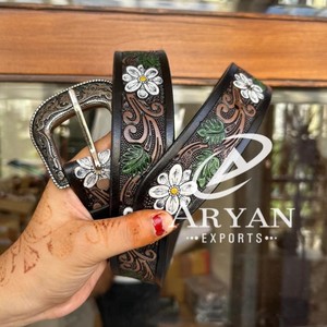 Newest Woman's <b>Tooled</b> Western Style Steer White Flower Leaf <b>Tooling</b> Cowgirl Custom Rodeo Hand <b>Tooled</b> <b>Leather</b> Western <b>Belt</b> - Product Image 1