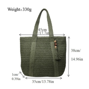 Sac fourre-tout tissé élégant avec pompon, sac à main léger à bandoulière pour femme, grande capacité, pour l'été, la plage, les voyages, usage quotidien décontracté - Product Image 4