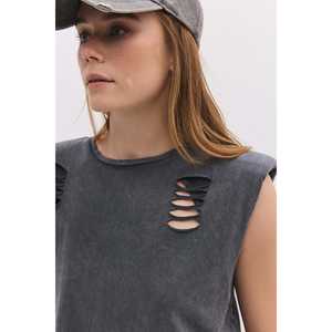 T-shirt décontracté Mega Merchant à manches longues, col rond, coupe classique, détails déchirés, 100 % coton, modèle 61752 - Product Image 2