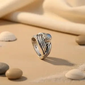 Bague ethnique en argent 925 avec pierre précieuse sertie dans un cadre en laiton, pierre de lune, bijoux de déclaration pour femmes, livrée dans une boîte - Product Image 1