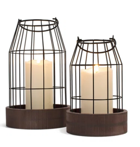 <b>Set</b> of Two Hanging Lanterns Removable Wooden Base <b>Candle</b> Light Wired Lantern Vintage Style Home Decor Cage <b>Candle</b> Tealight Lamp - Product Image 6