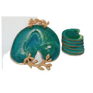 Venta caliente de alta calidad de diseño personalizado cuadrado bandeja de servicio de resina verde con bordes dorados y posavasos con asa de latón - Product Image 1