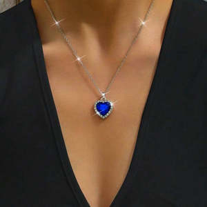 Colgante de Corazón de Plata Marcada con Sello y Zafiro, Cadena de Eslabones de Moda, Engaste de Bisel, Bañado en Rodio, Oro Rosa, Incrustaciones de Diamantes, Platino Principal - Product Image 1