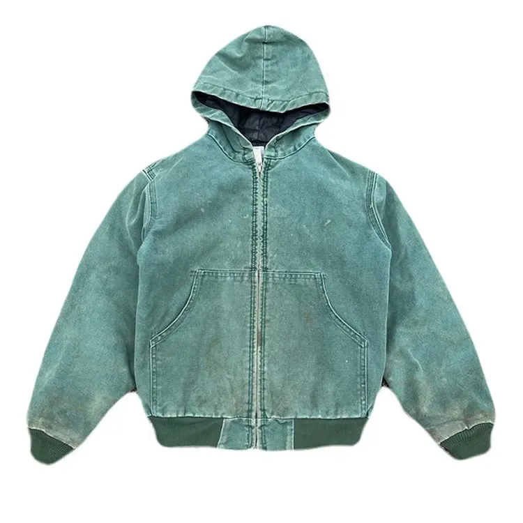 Custom wash heavy duck canvas work jacket with lined vintage faded worker hooded jacket zip up acid wash hoodie