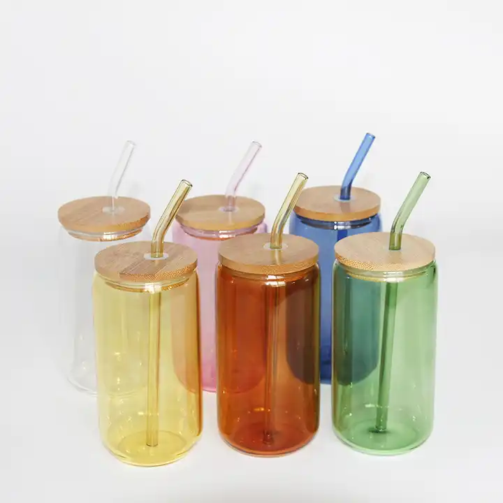 Beer can shape glass Tumbler w/Bamboo lid, Glass Straw