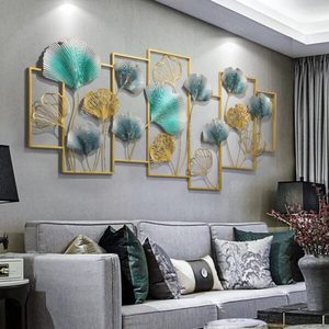 Décoration murale rectangulaire en métal abstraite florale avec des cadres de feuilles de Ginkgo 48x22 ou 96x48 pouces - Product Image 1