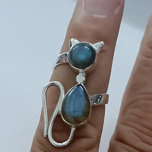 Handmade 925 Sterling Silver <b>Cat</b> <b>Ring</b> with Natural Labradorite Gemstone Bezel Setting Elegant Gift for Women - Product Image 1