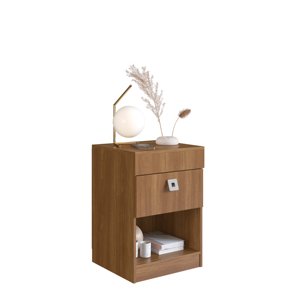 Table de chevet moderne avec 1 tiroir, mobilier de chambre à coucher en aggloméré couleur Nogal, design brésilien, montage facile - Product Image 1