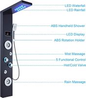 Système de panneaux de douche à LED noirs mural en acier inoxydable cascade écran de température colonne de douche Chrome Massage brossé