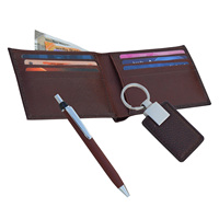 Dompet kulit asli dan gantungan kunci kulit untuk pria, Dompet kulit Set Kombo promosi dan hadiah bisnis