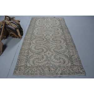 Tapis Vintage Turc Beige 4 '4 "X 8' 1" Fait à la Main en Laine et Fourrure Rectangulaire Patchwork Design pour Adolescents Chambres Latex Soutenu - Product Image 1