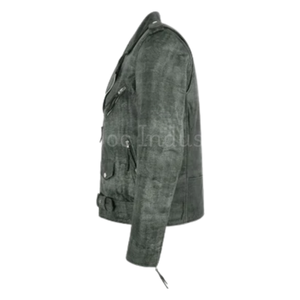 แจ็กเก็ตขี่จักรยานหนังฟอกวินเทจสำหรับผู้ชาย, แจ็กเก็ตนักขี่จักรยานหนังวัวแท้สไตล์โมโตพร้อมเข็มขัดรัดเอว - Product Image 3