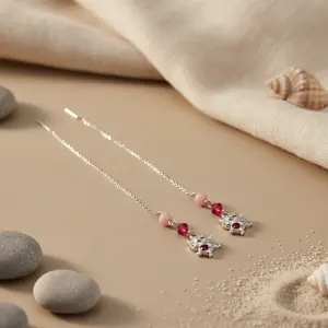 Boucles d'oreilles pendantes en argent 925 avec pierres précieuses roses, design chat à la mode, cadeau pour femmes - Product Image 1