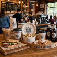 Gobelets en plastique personnalisés AT PACK, gobelets en papier, bouteilles en verre rondes et plateaux de service pour les solutions d'emballage des cafés