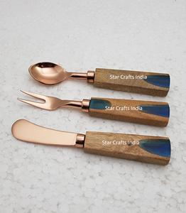 Juego de Cubiertos de Acero Inoxidable con Mango de Resina de Madera de Mango, Diseño Nuevo, con Cuchara, Tenedor y Cuchillo Plateados, Juego de 3 - Product Image 4