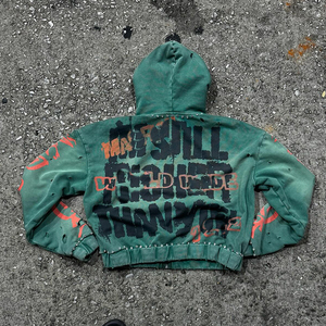 Sweats à capuche pour hommes Cropped Custom Acid Washed Vintage Cotton French Terry Solid Distressed Zip DTG Print Rhinestones Hoodies Men - Product Image 2