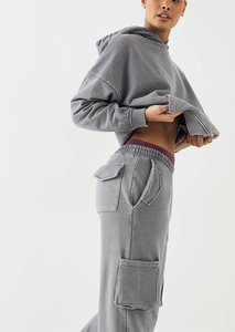 Survêtement pour femme en coton lourd de taille européenne, poches cargo, motif imprimé vintage, délavé, décontracté, jogging - Product Image 2