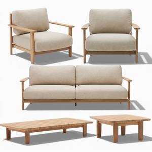 Juego de Sofás Minimalista Moderno con Estructura de Madera de Teca Maciza, Sillón de 3 Plazas, Sillón Individual, Mesa de Centro Larga y Corta para Sala de Estar - Product Image 1