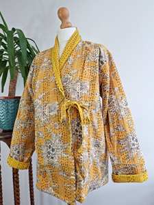 2024 Vintage Women's Kantha Kimono <b>Dress</b> Comfortable Short Length Bohemian Jacket Front Open Size Free Natural Summer Beach - Product Image 2