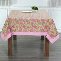 Nappe indienne en coton imprimé bloc floral fait à la main vert pistache et rose pastèque rectangulaire pour mariage ou repas