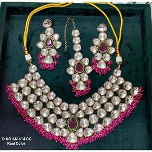 414 CC Pear Cut Moissanite Bezel Setting Women's Wedding Mehandi Kundan Necklace - Product Image 4