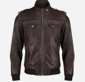 Chaqueta Bomber de Piel de Oveja Genuina Marrón Oscuro, Ecológica, Estilo Motero Vintage, Cuello Alto Suave, Acanalado, Abrigo Cálido de Invierno - Product Image 1