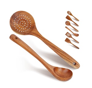 Service de vaisselle écologique en bois de teck naturel de 5 pièces ustensiles en bois d'acacia avec spatule cuillère à fente cuisine de cuisson - Product Image 5