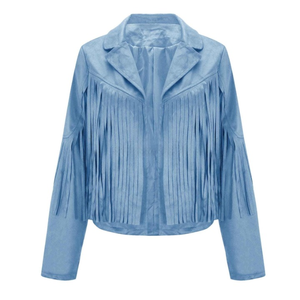 Chaqueta corta con flecos de gamuza azul cielo bohemio Vintage para mujer abrigo de solapa frontal abierto de manga larga con borlas, estilo de otoño transpirable - Product Image 1