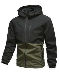 Veste zippée à capuche décontractée pour hommes avec motif de blocs de couleurs contrastés, poches multiples et rembourrage en polyester-Tenue décontractée élégante - Product Image 1