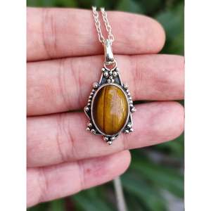 Handmade Boho <b>Silver</b> <b>Necklace</b> with Natural Tiger's Eye Gemstone <b>Locket</b> Pendant Stylish <b>Sterling</b> <b>Silver</b> Jewelry Gift for Her - Product Image 3