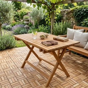 Outdoor Solid Teak Wood <b>Folding</b> <b>Dining</b> <b>Table</b> Rectangular Slatted Top Cross X Leg Patio Garden Setup Art Design Decor <b>Table</b> - Product Image 3