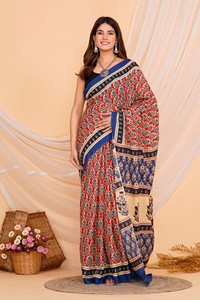 Algodón tradicional indio Mulmul dibujado a mano Ajrakh impreso hasta el suelo blusa Sari ligera nuevo diseñador de Bollywood verano - Product Image 5