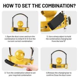 Verrou de remorque universel jaune avec coupleur de boule de remorquage à combinaison, compatible avec les supports de remorque de 1-7/8'', 2'' et 2-5/16'' - Product Image 3
