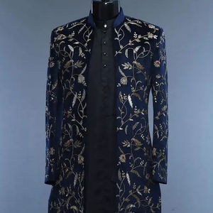 2025 Navy Sherwani Kurta Pant con zapatos a juego deslumbrante bordado cuentas de cristal piedra y Dabka trabajo para boda - Product Image 1