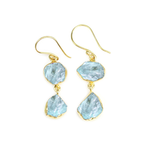 Pendiente colgante hecho a mano de doble piedra preciosa única con protección de cristal aguamarina en bruto natural, Plata de Ley 925, chapado en oro - Product Image 1