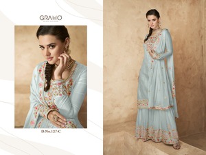 Tissu de robe de créateur Sharara de couleur jaune, collection de robes de mariée pakistanaises de créateur, costume Sharara avec longue kameez 2022 - Product Image 5