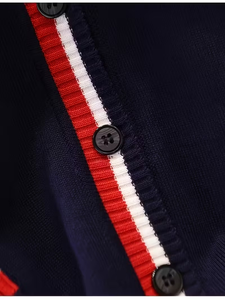 <b>Women's</b> Elegant British-Inspired <b>Navy</b> Blue & Red Striped <b>Cardigan</b> Sweater Jacket V-Neck Collar White Piping Trim Button Placket - Product Image 6