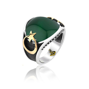 925 Sterling Silver Star And Crescent <b>Men</b> <b>Ring</b> With Green Agate Stone For Anniversary Engagement Gift Party - Product Image 1