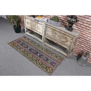 Tapis vintage 2x4,8 pieds, motif plantes et arbres bleus, en laine - Product Image 4