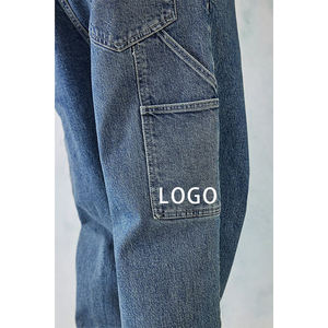 Jeans pour hommes en coton 100% bleu, coupe droite, ample, multi-poches, pantalon de travail, pantalon cargo, vente chaude printemps-automne, logo personnalisé - Product Image 5
