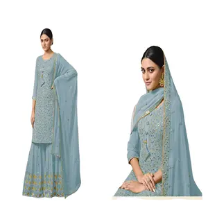 Frau Beste Qualität Georgette Blue Sharara Top, Stickerei Sequenz Arbeit Indian Pakistani Wear Sharara Anzüge