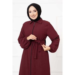 Conjunto Abaya de Mujer Rojo Claret con Manga Elástica y Cuello Camisero - Product Image 1