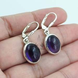 Boucles d'oreilles pendantes ovales en argent et améthyste faites à la main, bijoux en pierres précieuses, cadeau pour elle pour Noël, la Saint-Valentin, un anniversaire - Product Image 1