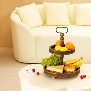 Support de service en bois rustique à 2 niveaux avec poignée, parfait pour les fruits, les collations, les desserts, plateau de présentation robuste pour la décoration des fêtes à domicile - Product Image 1