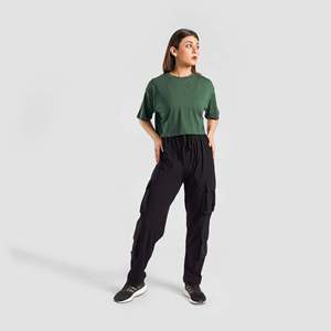 Pantalones Cargo Negros Casuales de Cintura Alta, Tejido Transpirable con Decoración de Botones y Logotipo, Acabado Lavado para Verano - Product Image 4