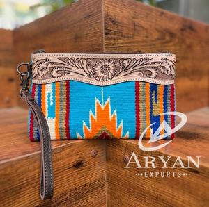 New Western Style Hand Tooled Leather Saddle Blanket Wristlet Clutch Hot Sale Hand Tooled Stitched Turquoise <b>Purse</b> Women Wallets - Product Image 1