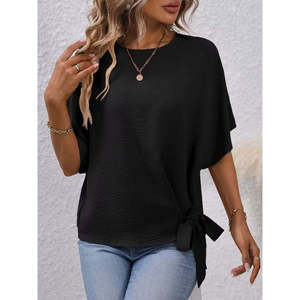 Women'<b>s</b> Short-Sleeved Crew Neck Side-Tie Aerobin <b>Blouse</b>, 37391 - Black - Product Image 2